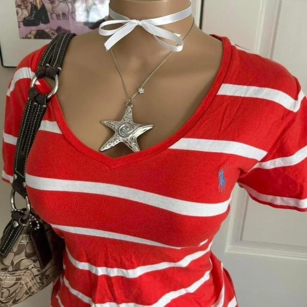 Y2K 2000s preppy Ralph Lauren polo pony red and white striped short sleeve top - Picture 2 of 7